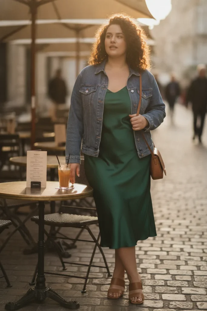 Plus-size jean jacket outfit with an emerald satin midi slip dress at a sunny cafΓ© table