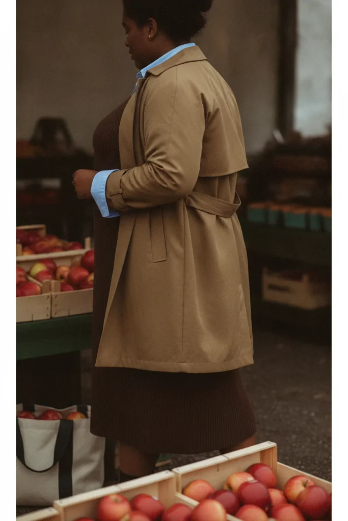 Plus-size layered fall outfit with a blue shirt collar under a brown sweater dress and khaki trench