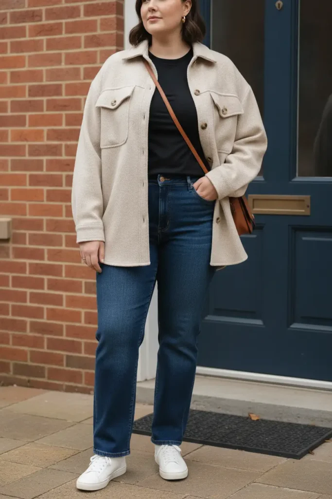Plus-size shacket outfit with a half-tucked black tee, straight jeans and white sneakers.
