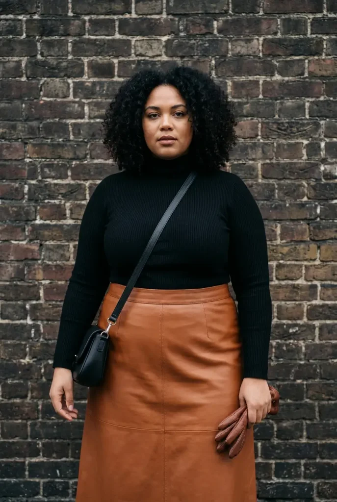Plus-size winter outfit pairing a black turtleneck with a cognac brown leather midi skirt.