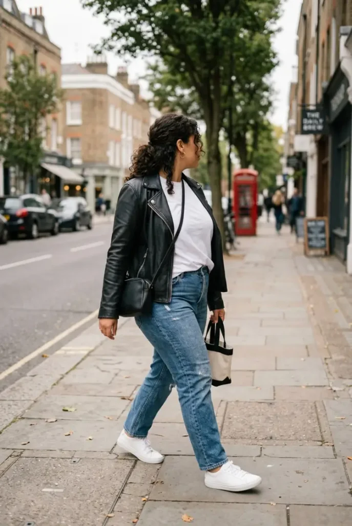 Plus size woman in a black leather jacket, white tee and jeans walking on a city sidewalk