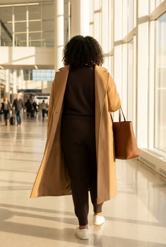 Plus-size woman in a camel coat over an espresso lounge set walking through an airport terminal