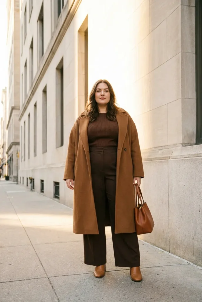 Plus-size woman in a full brown outfit with caramel coat, chocolate knit and espresso trousers.