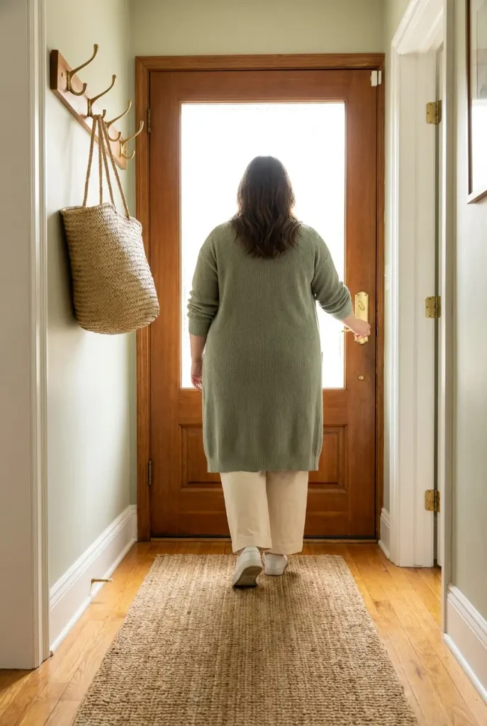 Plus-size woman in a sage cardigan and lounge pants heading out the front door with a woven tote