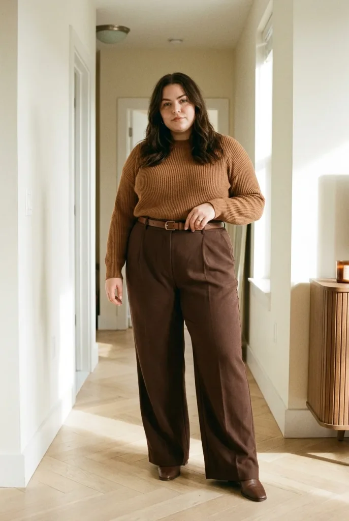Plus-size woman in a tonal brown outfit, caramel knit with espresso wide-leg trousers.