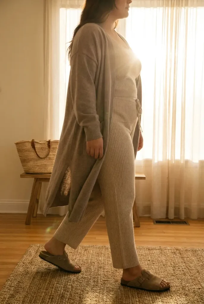Plus-size woman in an oat ribbed lounge set and long cardigan walking through a sunny living room