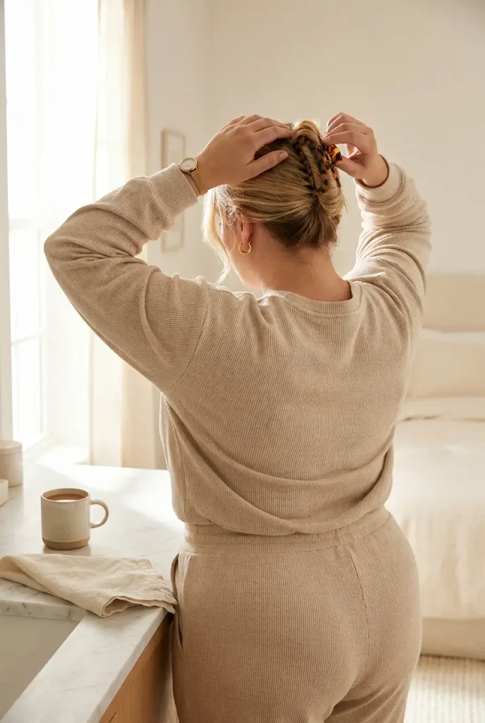 Plus-size woman in an oat sweatsuit clipping her hair up, wearing gold hoops and a slim watch