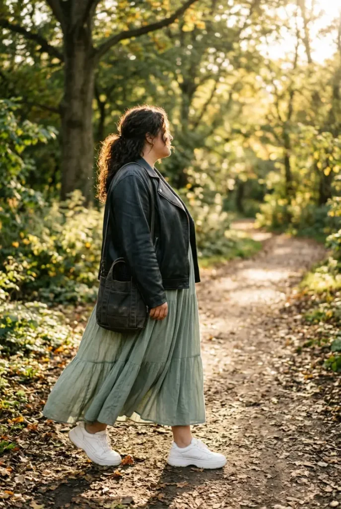 Plus size woman in an oversized black leather jacket over a sage maxi dress and white sneakers