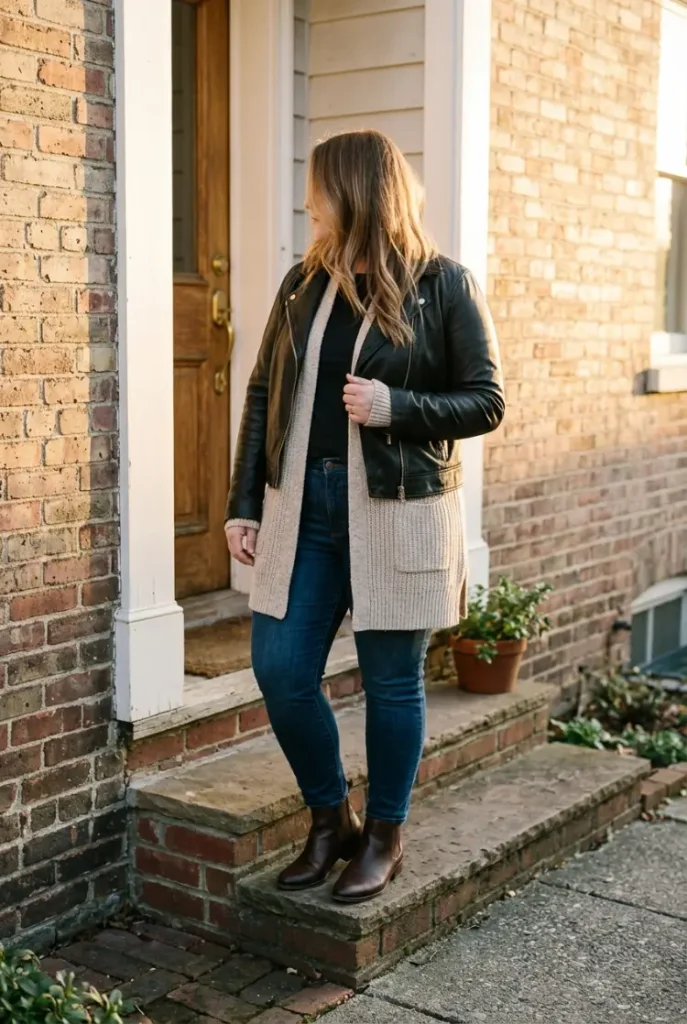 Plus size woman layering a black leather jacket over a long oatmeal cardigan with jeans and boots