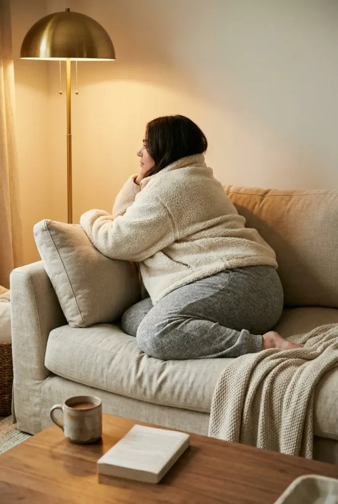 Plus-size woman on a sofa in a cream sherpa jacket over a gray lounge set on a lamp-lit night