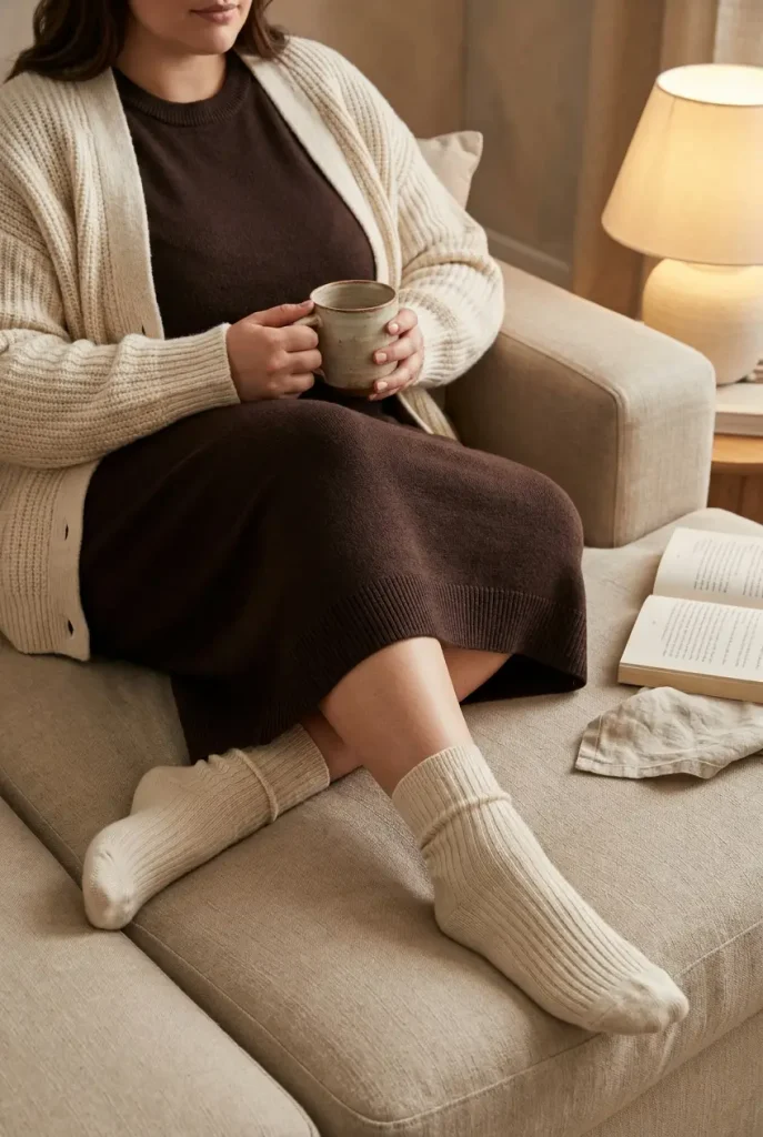 Plus-size woman on a sofa in an espresso knit lounge dress, cream cardigan, and crew socks