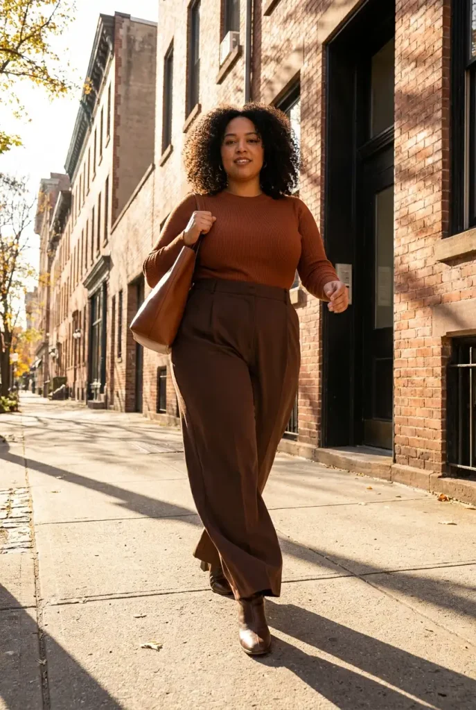 Plus-size woman walking in chocolate brown wide-leg trousers and a fitted rust knit top.