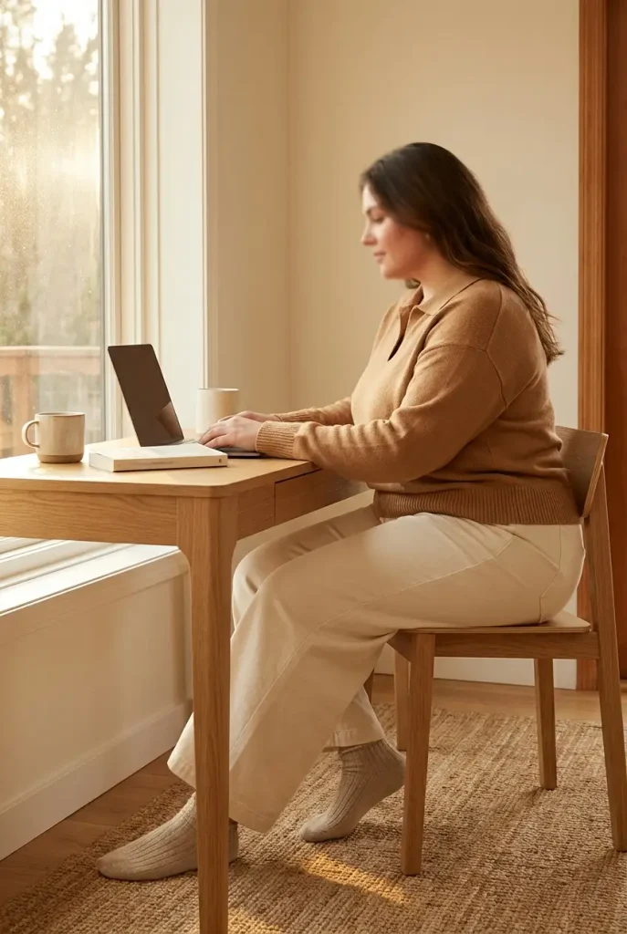 Plus-size woman working from home in a camel collared knit top and cream wide-leg lounge pants