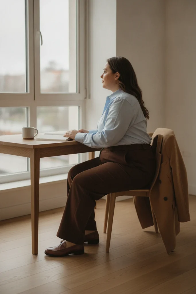 Plus-size work outfit with a light-blue button-down tucked into espresso wide-leg trousers at a desk