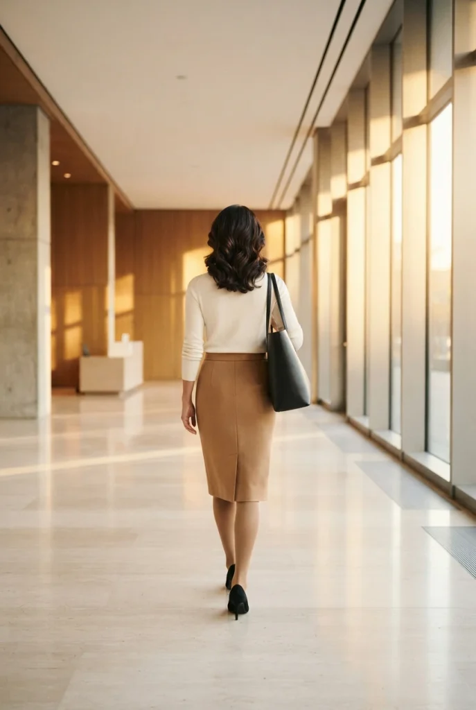 Quiet luxury work outfit with skin-tone sheer tights, a camel pencil skirt, and black pumps