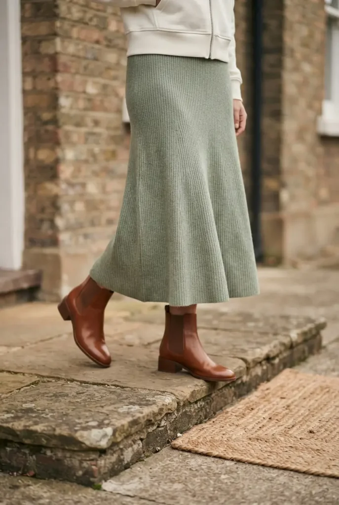 Ribbed knit midi skirt with brown ankle boots and a half-zip hoodie hem, plus size outfit detail.