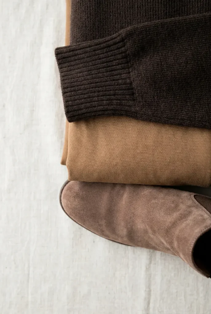 Ribbed knit, smooth twill and suede in three shades of brown layered together