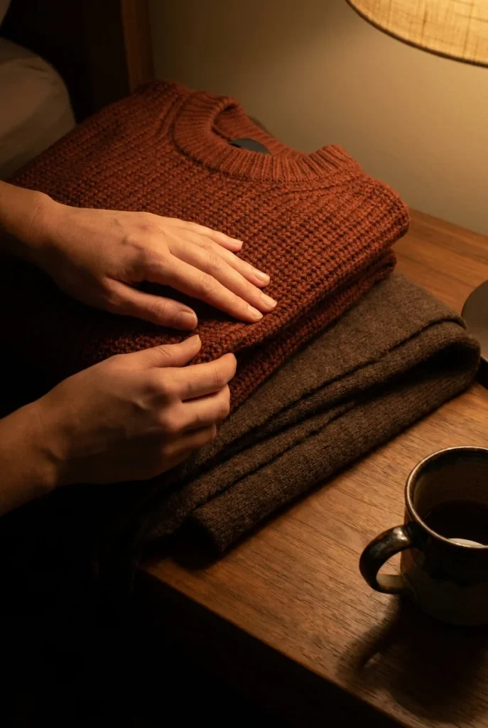 Rust knit folded over an espresso scarf, a warm brown outfit color pairing