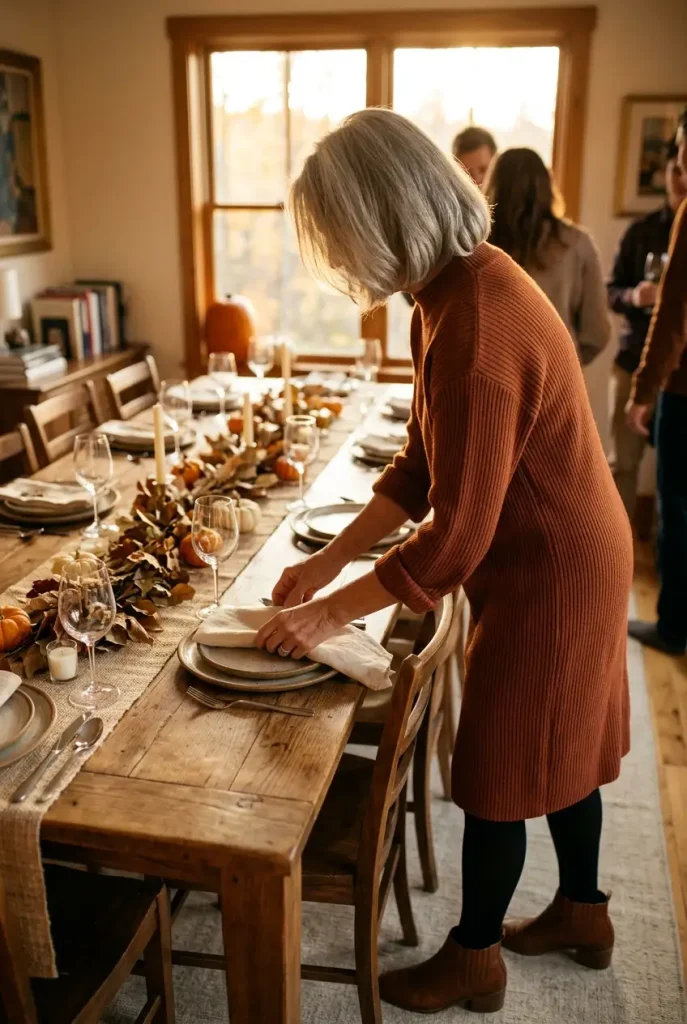 Rust sweater dress with opaque tights and ankle boots, a Thanksgiving fall outfit for women over 60