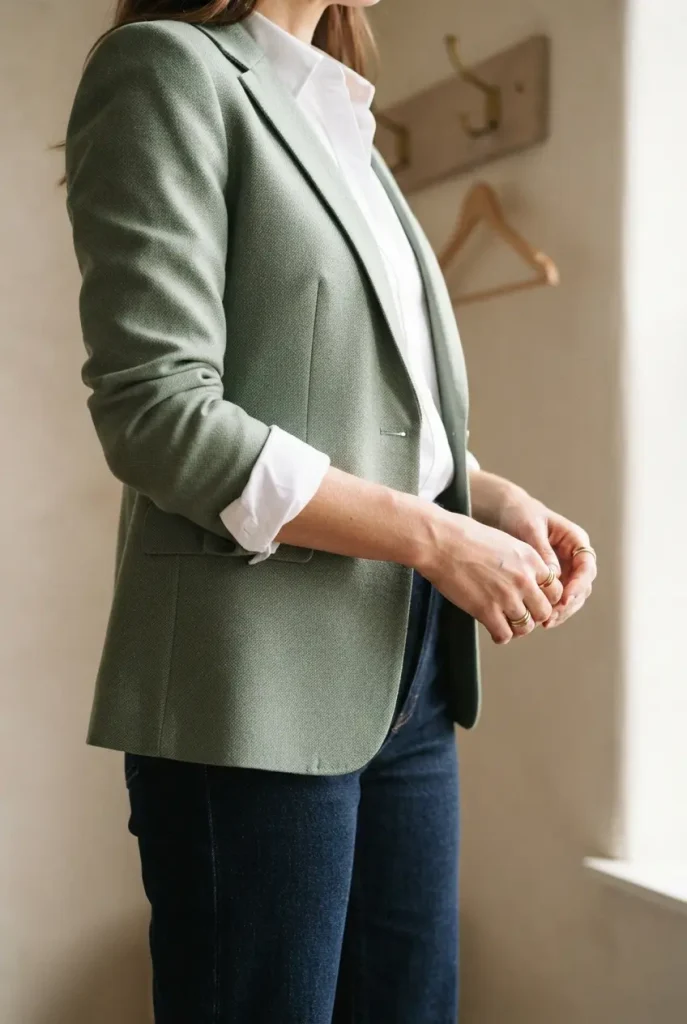 Sage green blazer over a white button-down and dark jeans for plus-size workwear