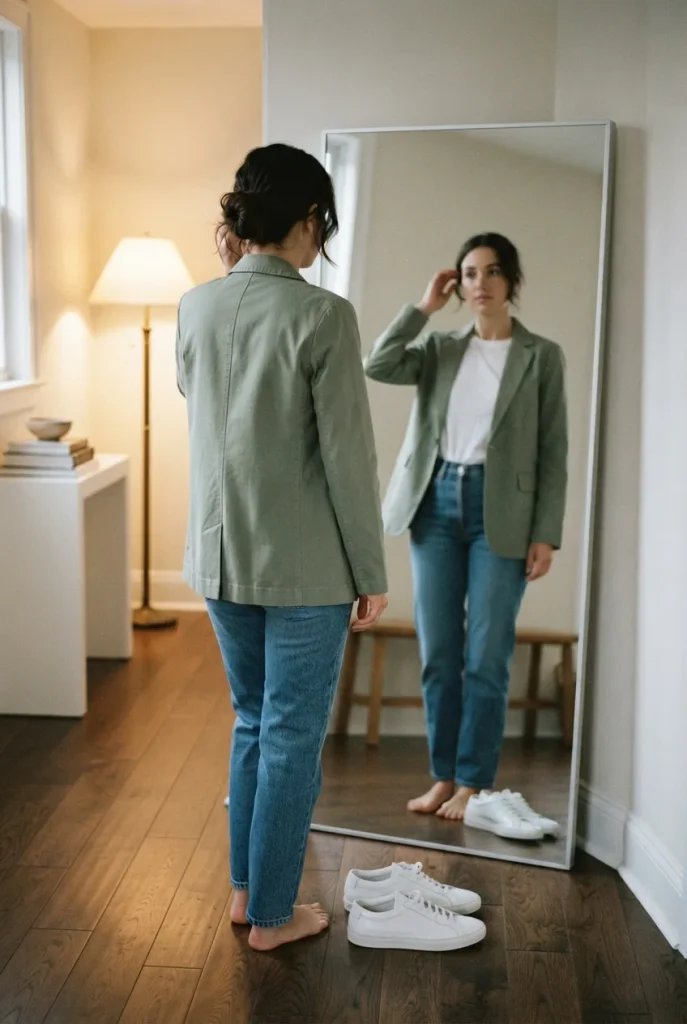 Sage green blazer over white tee and straight jeans seen in a hallway mirror