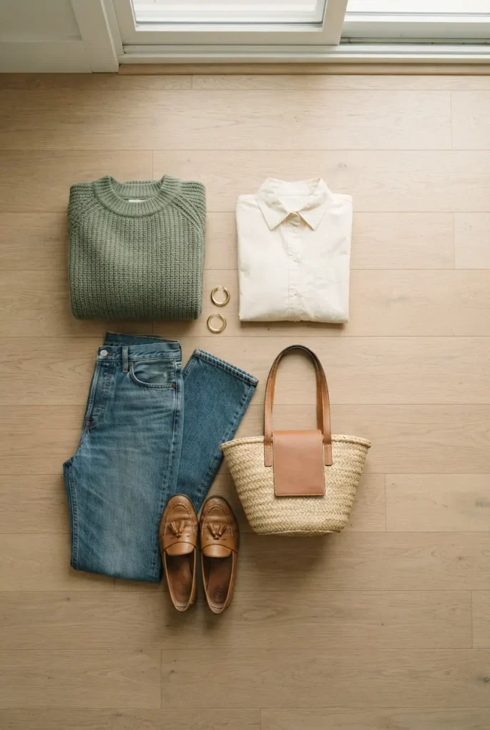 Sage green fall capsule flat lay with cream shirt, jeans, camel loafers and a woven tote