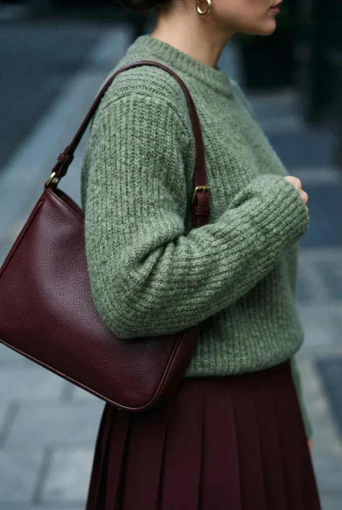 Sage green knit sweater paired with a deep burgundy bag and pleated skirt