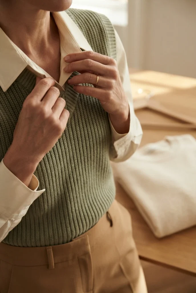 Sage green knit vest layered over an ivory shirt with camel trousers