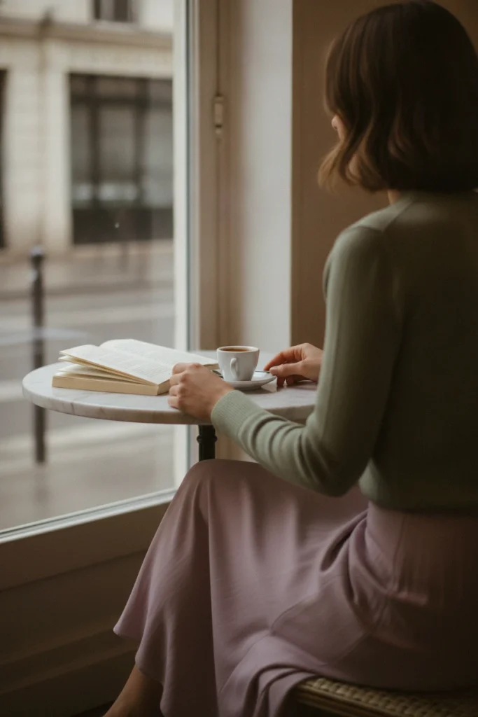 Sage green knit with a dusty lavender midi skirt, a soft pastel outfit pairing