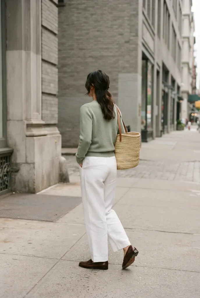 Sage green knit with white wide-leg trousers, a plus-size outfit idea for year-round wear