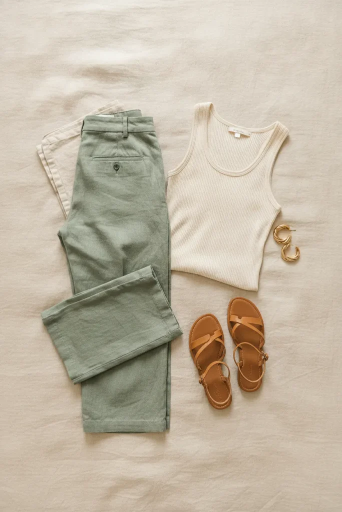 Sage green linen wide-leg pants with a cream tank, flat-lay summer outfit idea