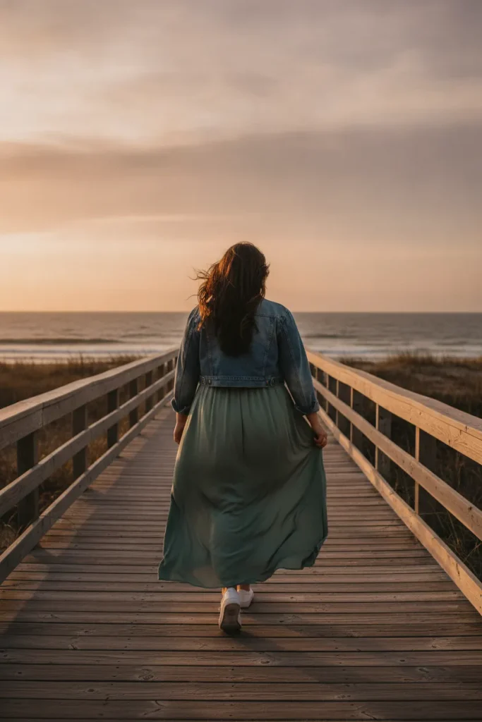 Sage Green Outfits for Plus-Size Women maxi dress with a denim jacket and sneakers, a plus-size summer outfit