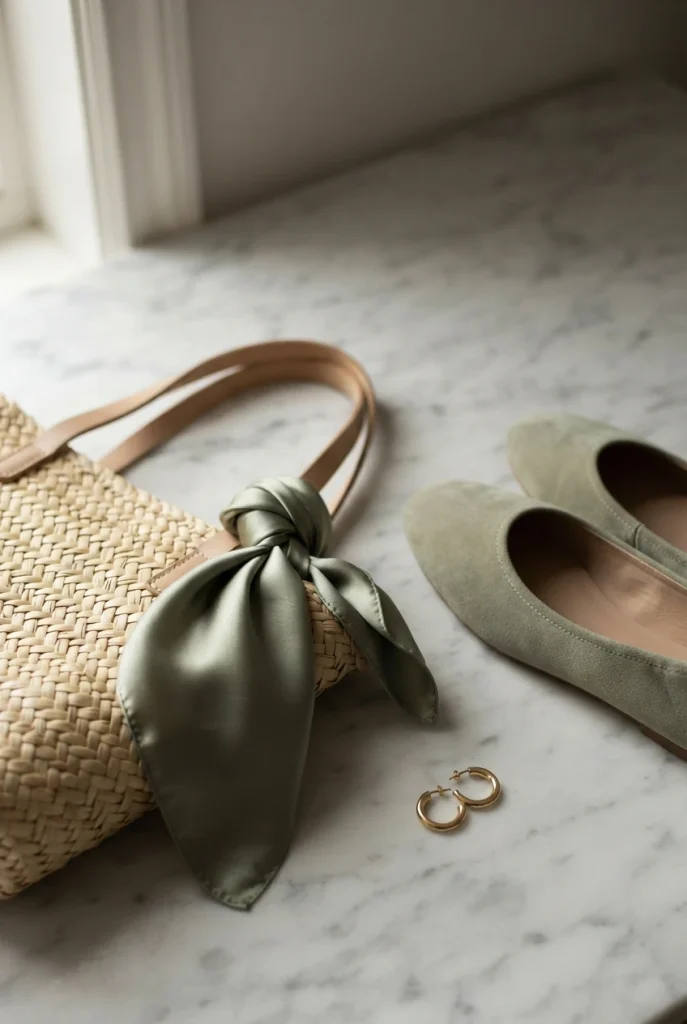 Sage green scarf on a woven tote with sage suede flats and gold hoops