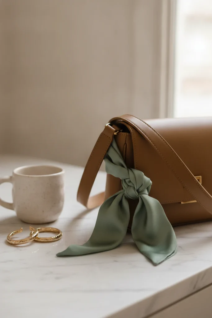 Sage green silk scarf tied to a camel crossbody bag with gold hoop earrings