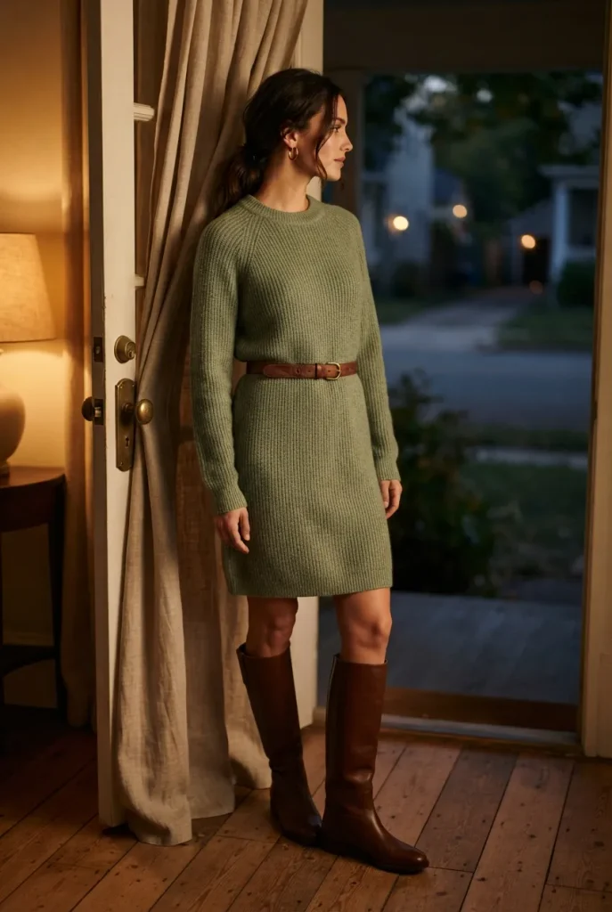Sage green sweater dress outfit with a brown leather belt and tall brown boots