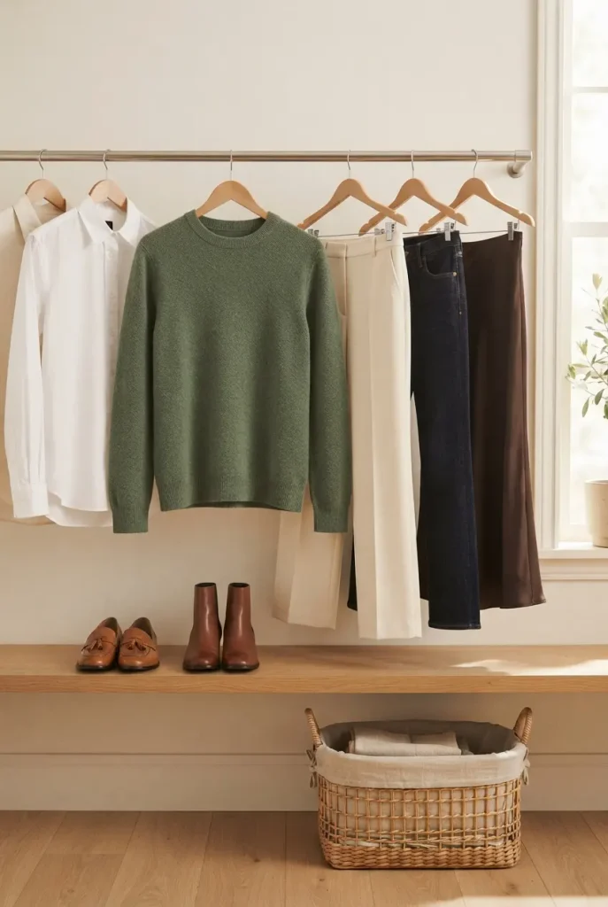 Sage Green Outfits sweater hanging in a capsule closet with jeans, cream trousers and boots