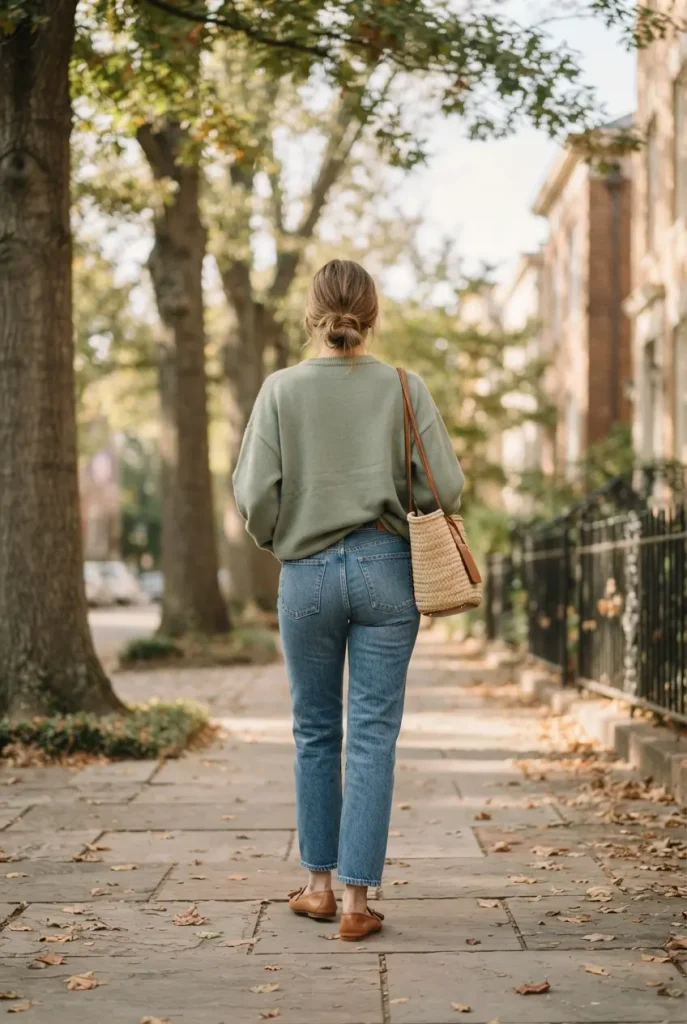 Sage green sweater outfit with straight leg jeans, tan loafers and a woven tote