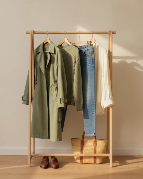 Sage green trench coat and knit on a wooden garment rack, plus-size capsule wardrobe ideas