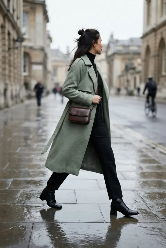 Sage green trench coat outfit over a black turtleneck and black trousers