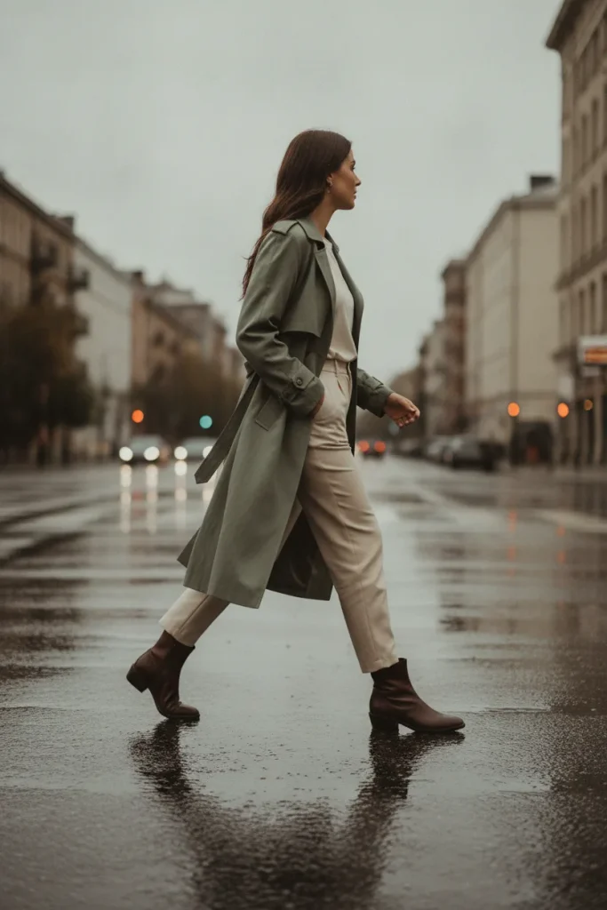 Sage green trench coat with cream tee and oat trousers, a fall 2026 outfit idea