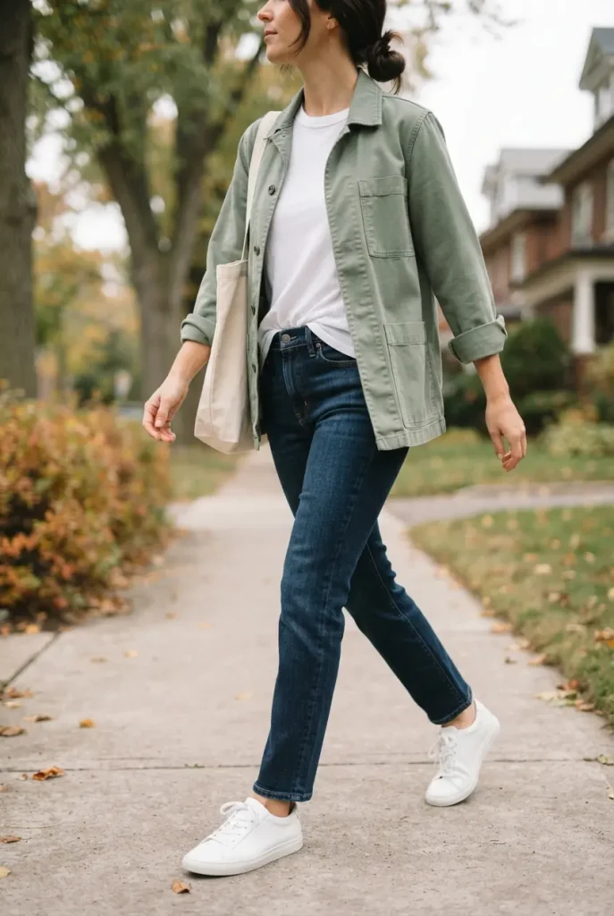 Sage green utility jacket outfit with a white tee, dark denim and white sneakers