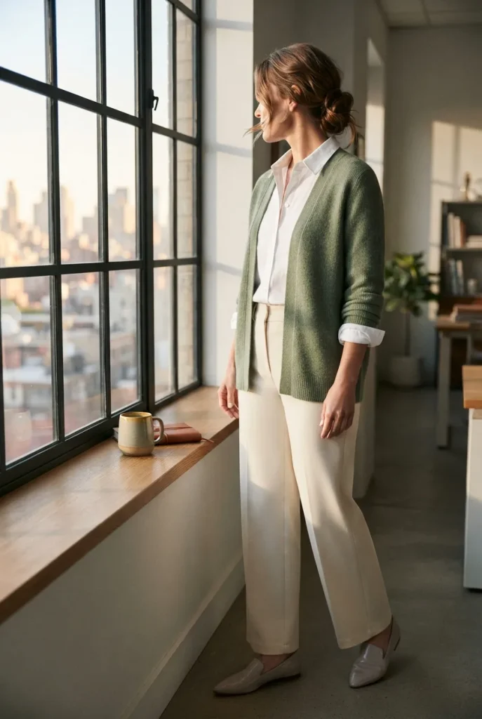 Sage green work outfit with a white button down shirt and cream wide leg trousers