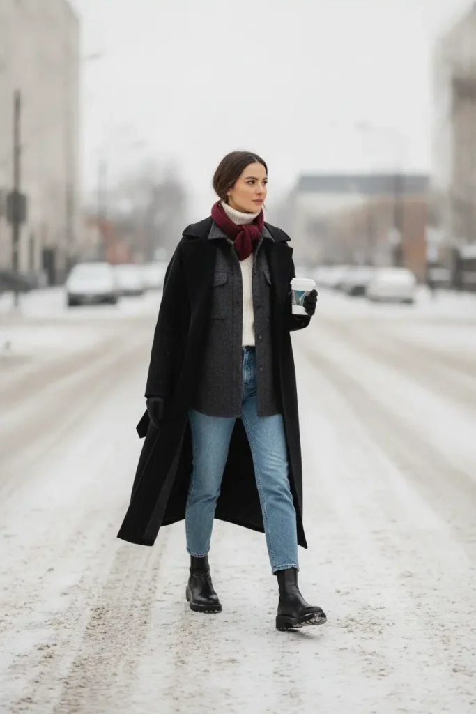 Shacket layered under a black wool coat with a cream turtleneck on a winter street