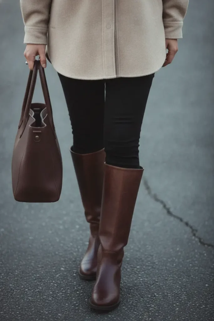 Shacket outfit with matte black leggings and tall espresso boots, detail shot