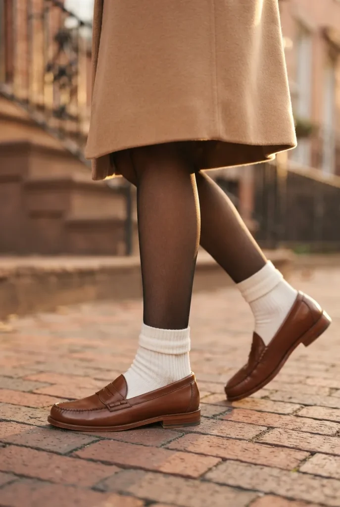 Sheer black tights with white ankle socks and penny loafers under a camel midi skirt