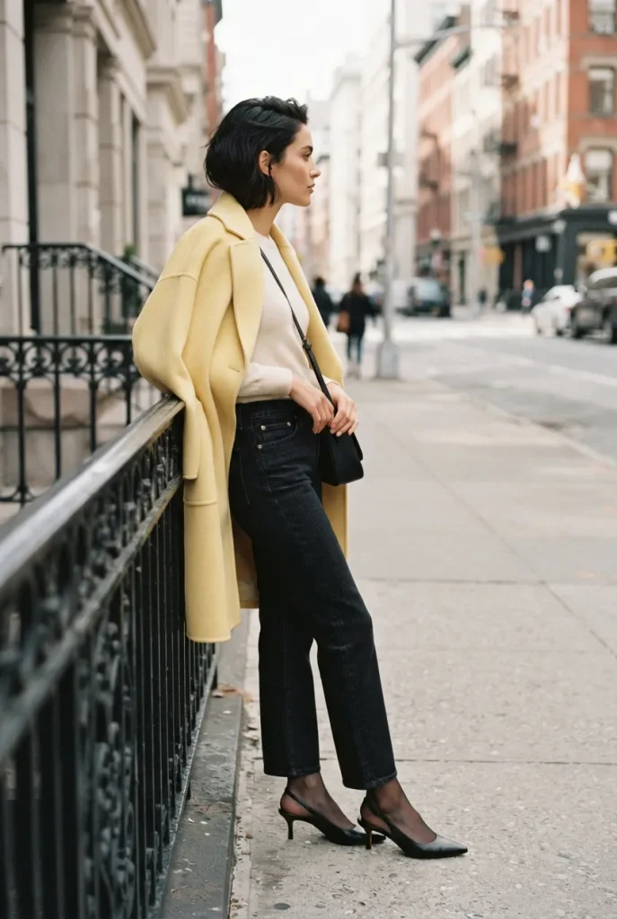 Sheer tights under jeans with black slingback heels and a butter yellow coat