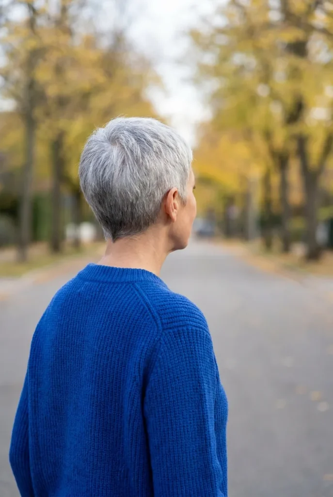 Silver-haired woman over 50 in a cobalt blue sweater, seen from behind on a fall street