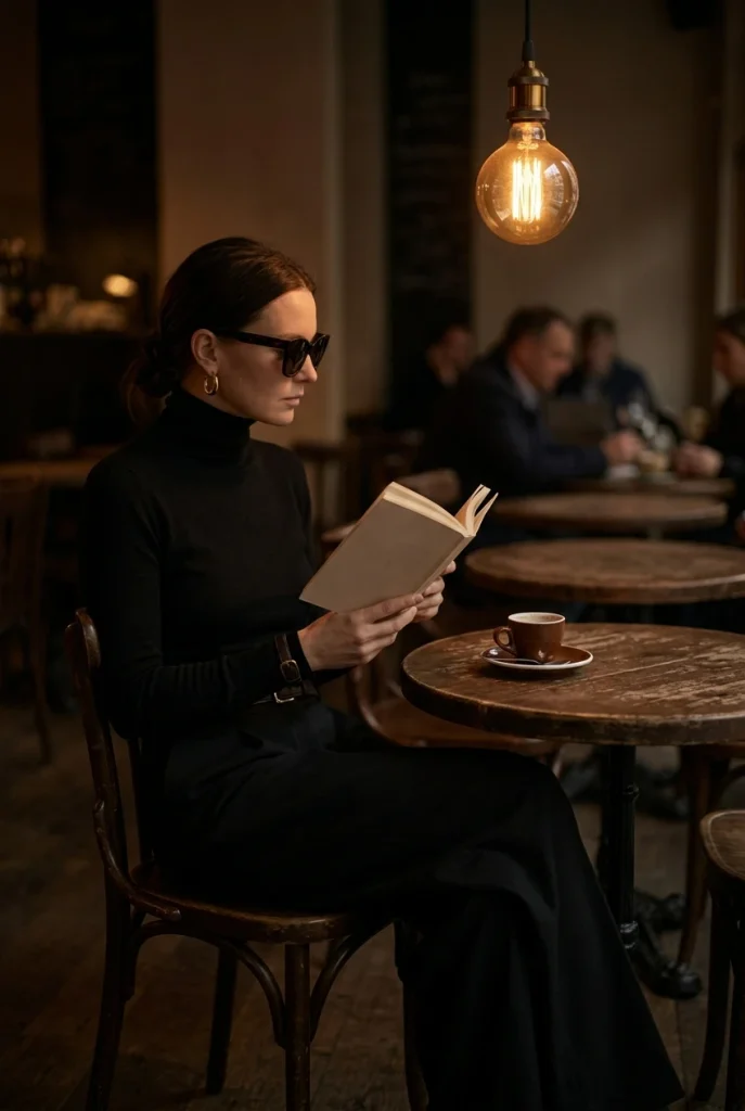 Soft black turtleneck and wide-leg trousers poet Halloween costume outfit at a cafe
