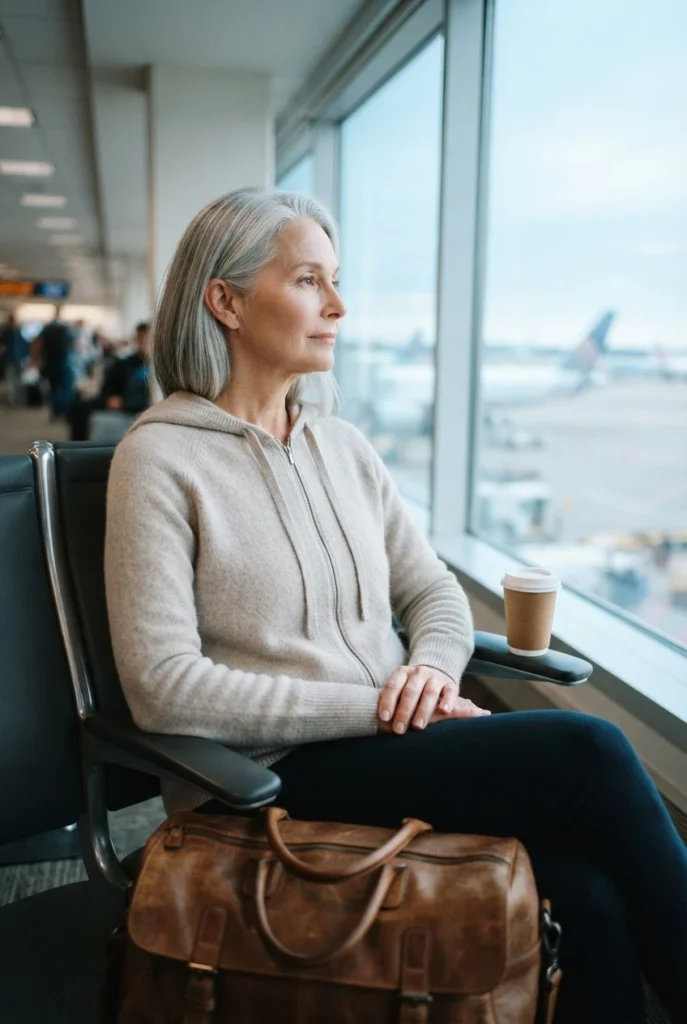 Stone cashmere full-zip hoodie worn seated at an airport window with a weekender bag