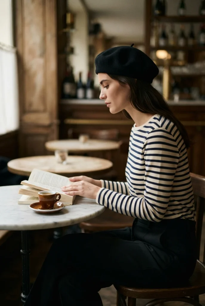 Striped tee and beret beatnik poet costume, an easy last minute Halloween outfit.